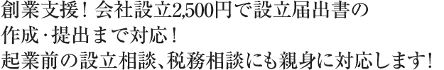 創業支援！会社設立2,500円で設立届出書の作成・提出まで対応！起業前の設立相談、税務相談にも親身に対応します！
