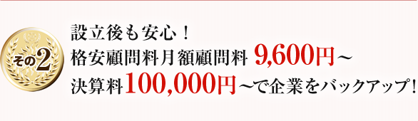 設立後も安心！格安顧問料月額顧問料 9, 600円～決算料100,000円～で企業をバックアップ！