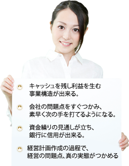 キャッシュを残し利益を生む事業構造が出来る。会社の問題点をすぐつかみ、素早く次の手を打てるようになる。資金繰りの見通しが立ち、銀行に信用が出来る。経営計画作成の過程で、経営の問題点、真の実態がつかめる 